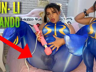 Bewitching cosplay mademoiselle dressed as Chun Li from street fighter playing with her htachi vibrator cumming and soaking her panties and pants ahegao